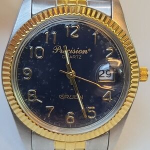 Precision Gruen Mens GP5005 Analog Watch Silver‎ And Gold Tone Runs New Battery